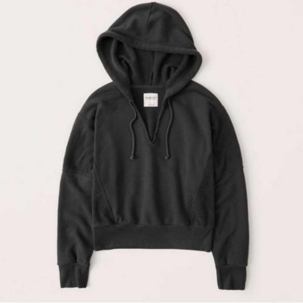 A&F Soft Gray Terry Split Neck Cropped Pullover Hooded Sweatshirt